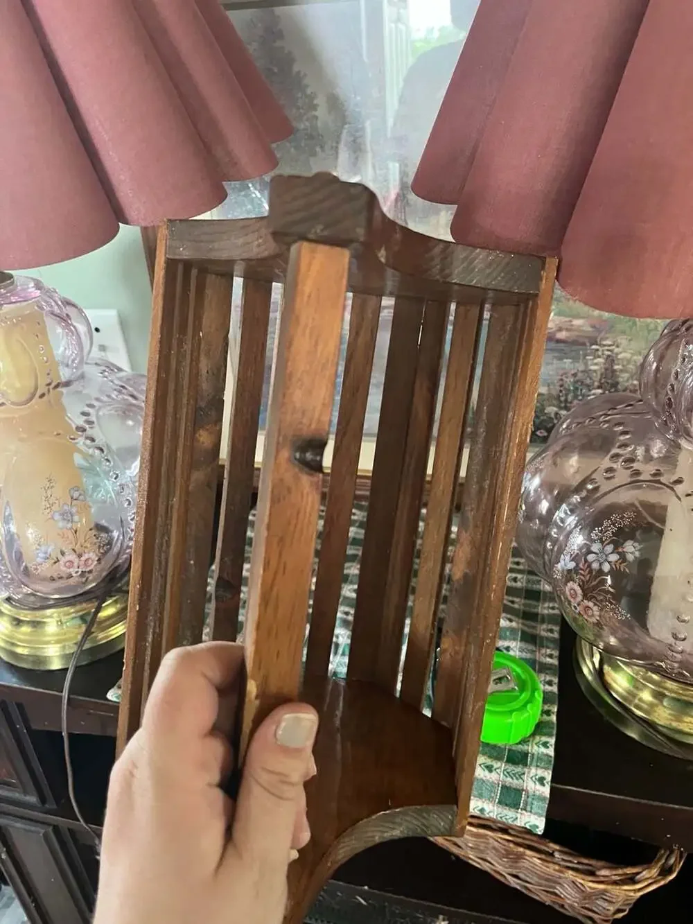 Vintage Handmade Wooden Slat Storage Basket Caddy with Handle